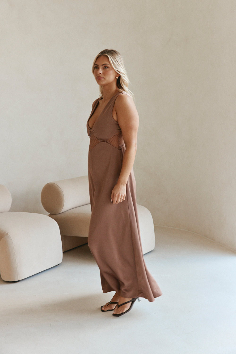 Brown  V Neck Cut Out Lace Maxi Dynasty Dress