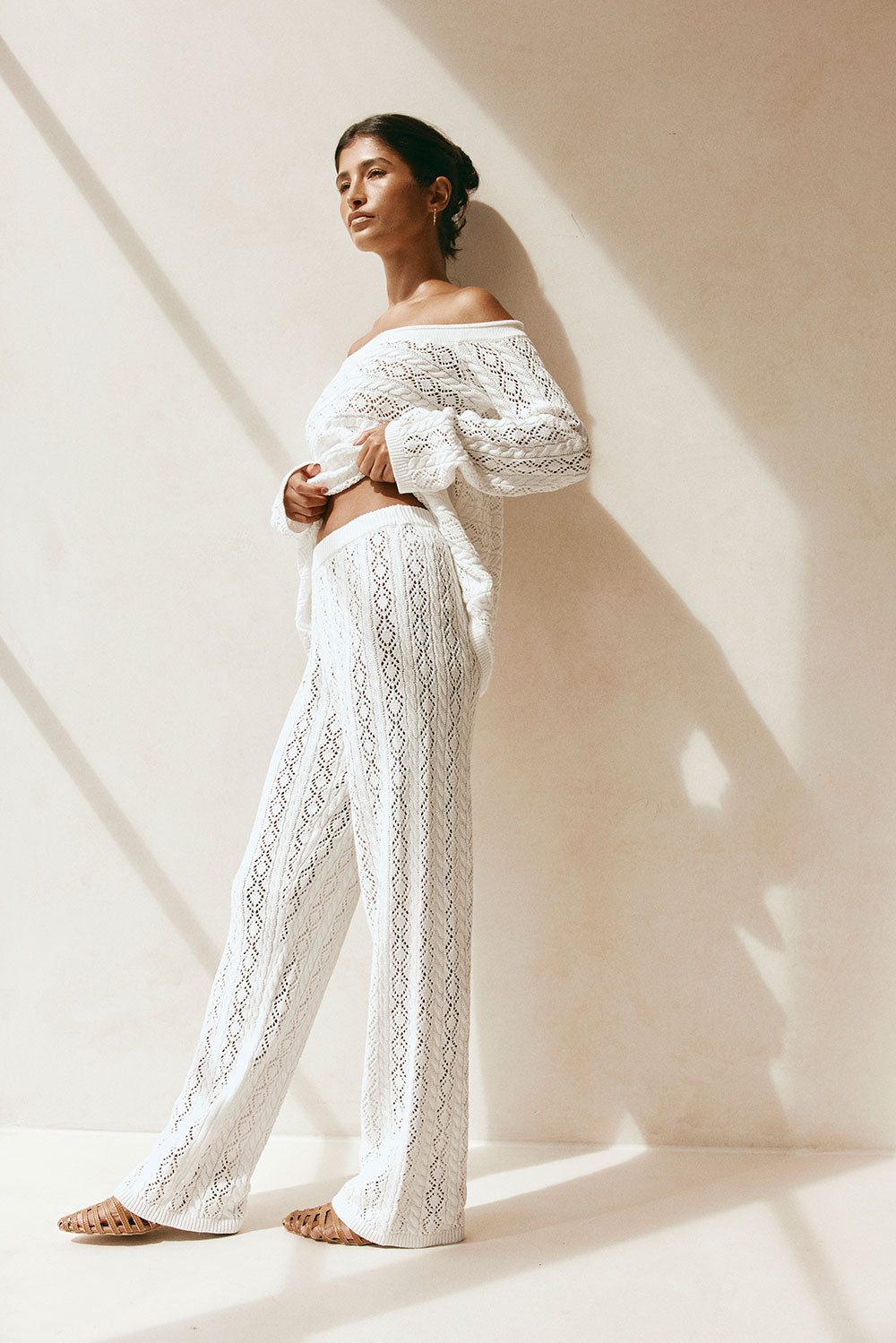 White Crochet Knit High Waist Elastic Cierra Pants
