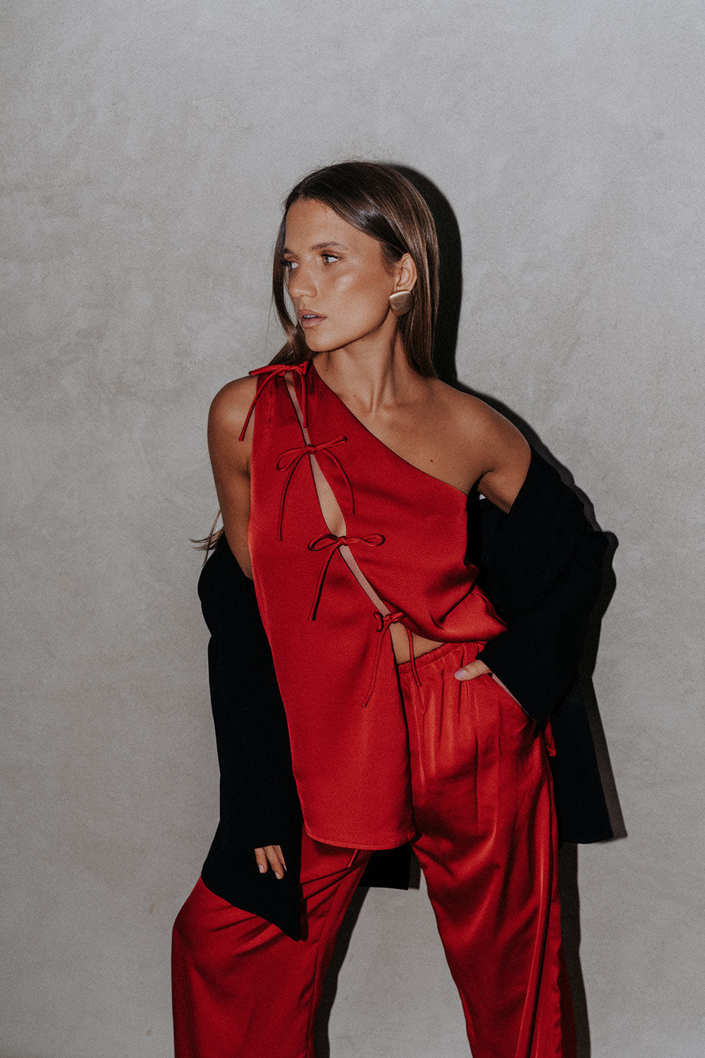 Red Backless One-Shoulder Front Tie Natalie Jumpsuit