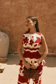 Red Sienna Sunset Print Pleated Del Mar Top