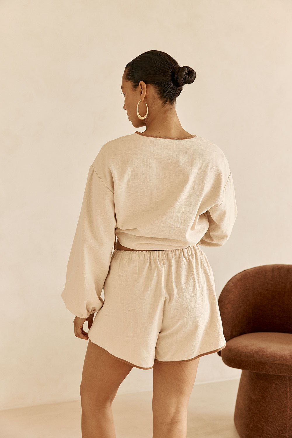 Beige High Waist Elastic Drawstring Paloma Shorts