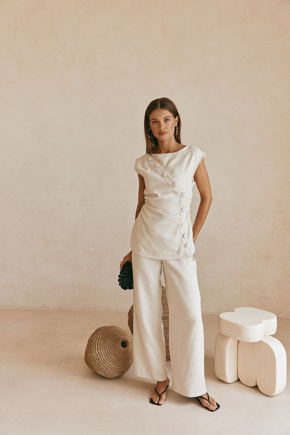 Beige Asymmetric Waist Straight Leg Azul Trouser Pants