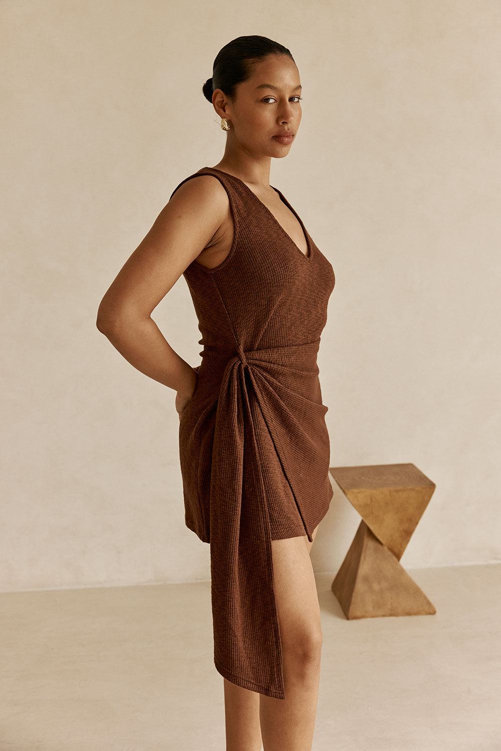 Brown Ribbed V-Neck Wrap Mini Oliana Dress