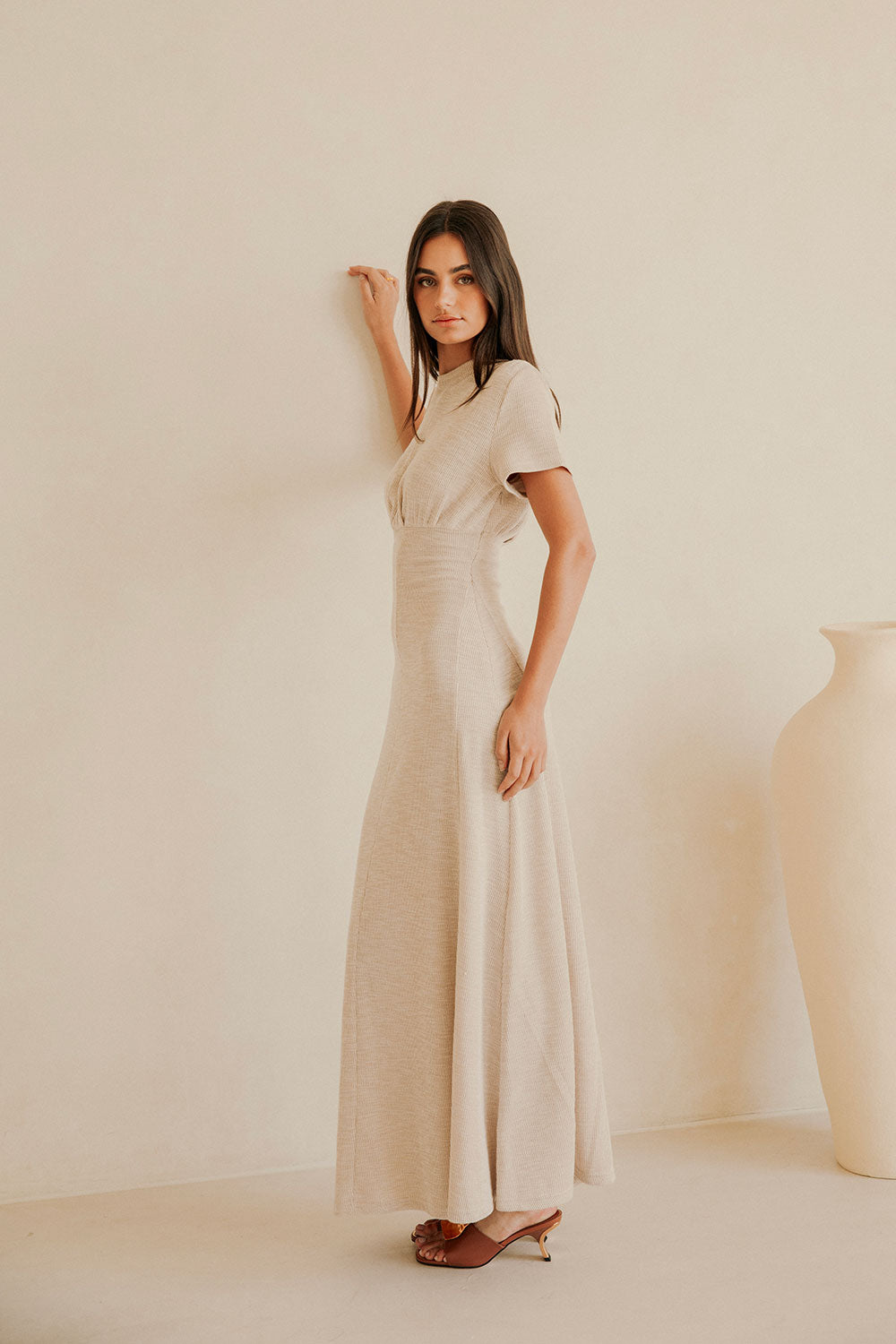 Gizelle Short Sleeve Maxi Dress - Beige