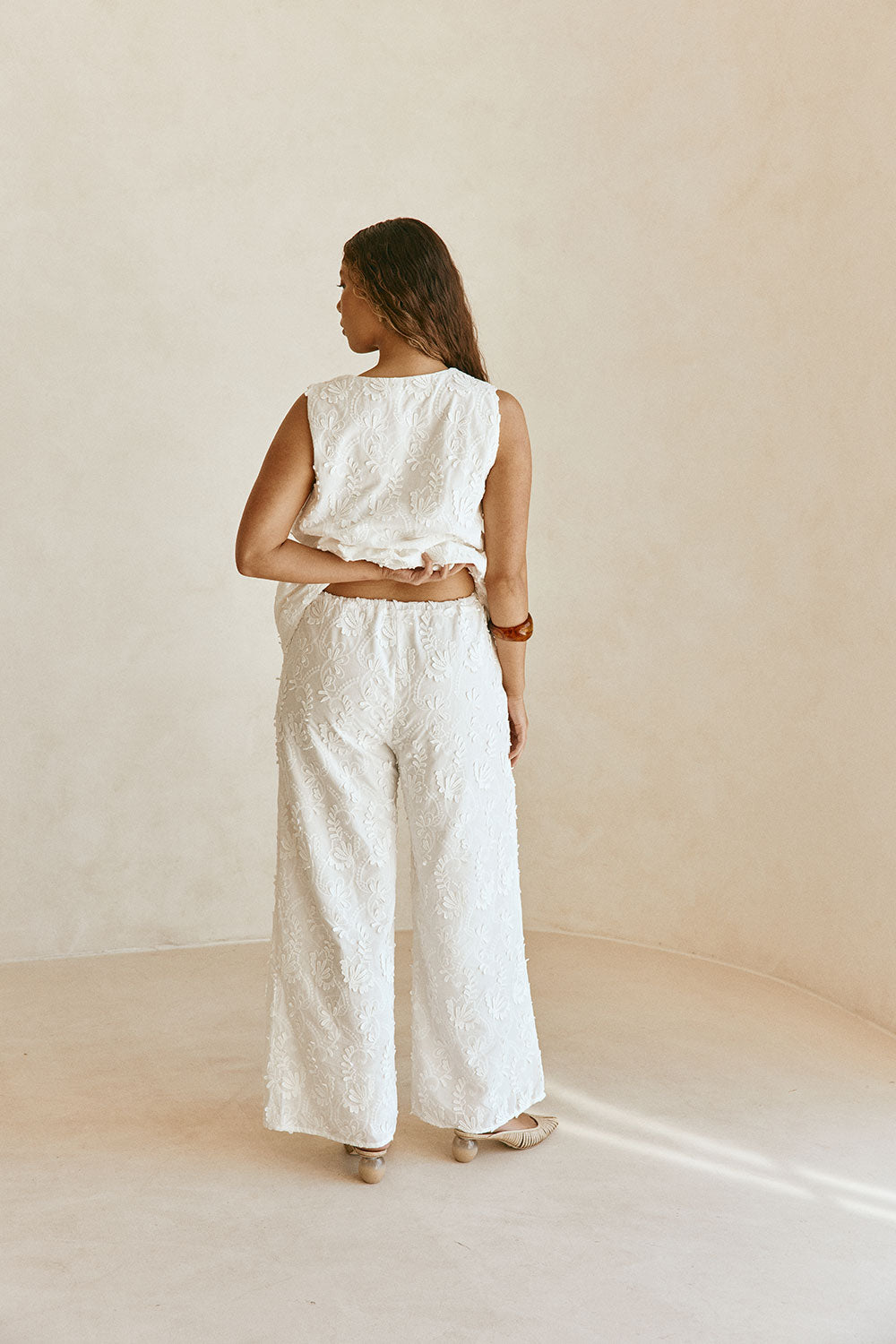 White Leafy Motif High Waist Cambria Pants