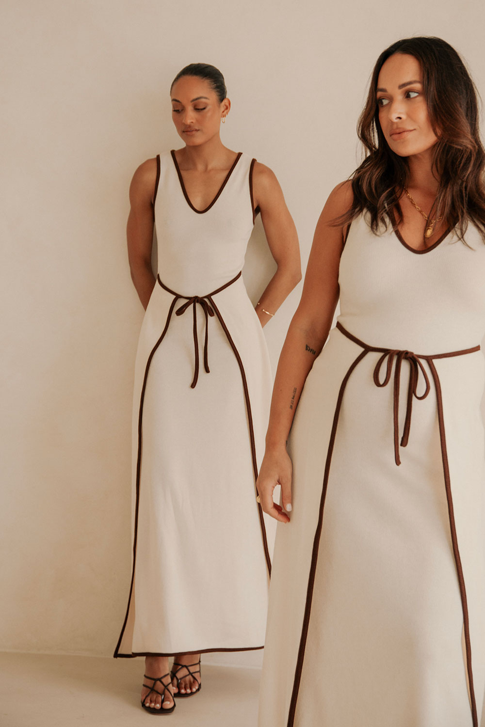 Jazmin V Neckline Tie Maxi Dress - Beige, Brown