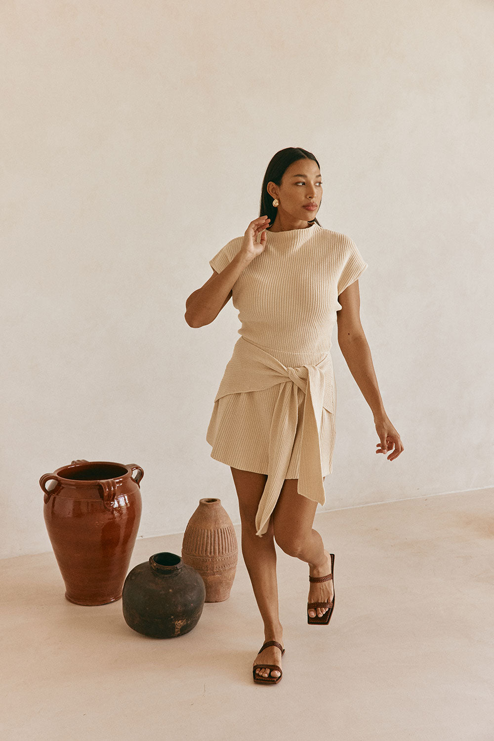 Beige Cotton Knit Draped Mini Lovina Dress