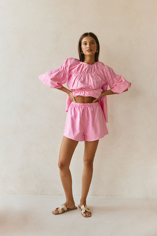 Pink Elastic Drawstring Akel Shorts