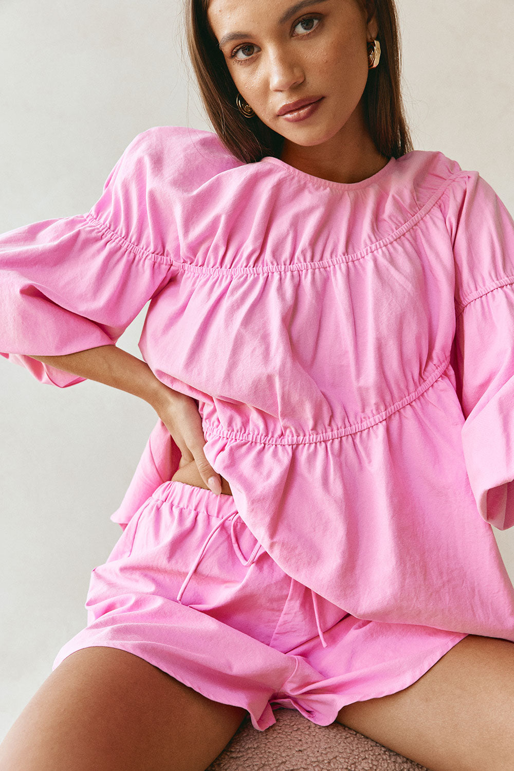 Pink Elastic Drawstring Akel Shorts
