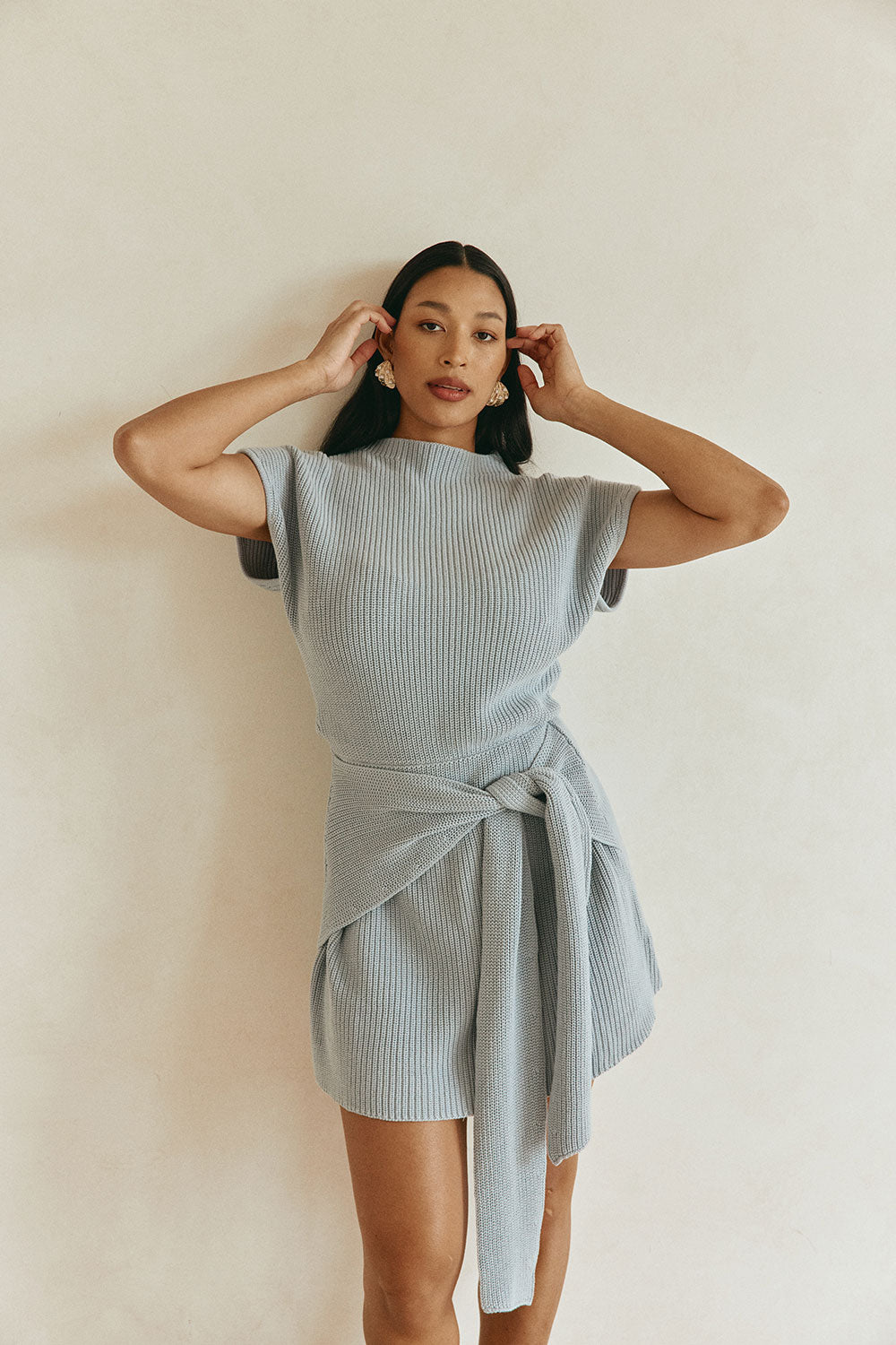 Blue Cotton Knit Draped Mini Lovina Dress