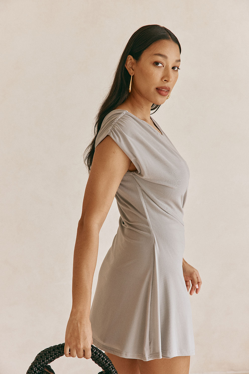 Grey One Shoulder Ruched Mini Dally Dress