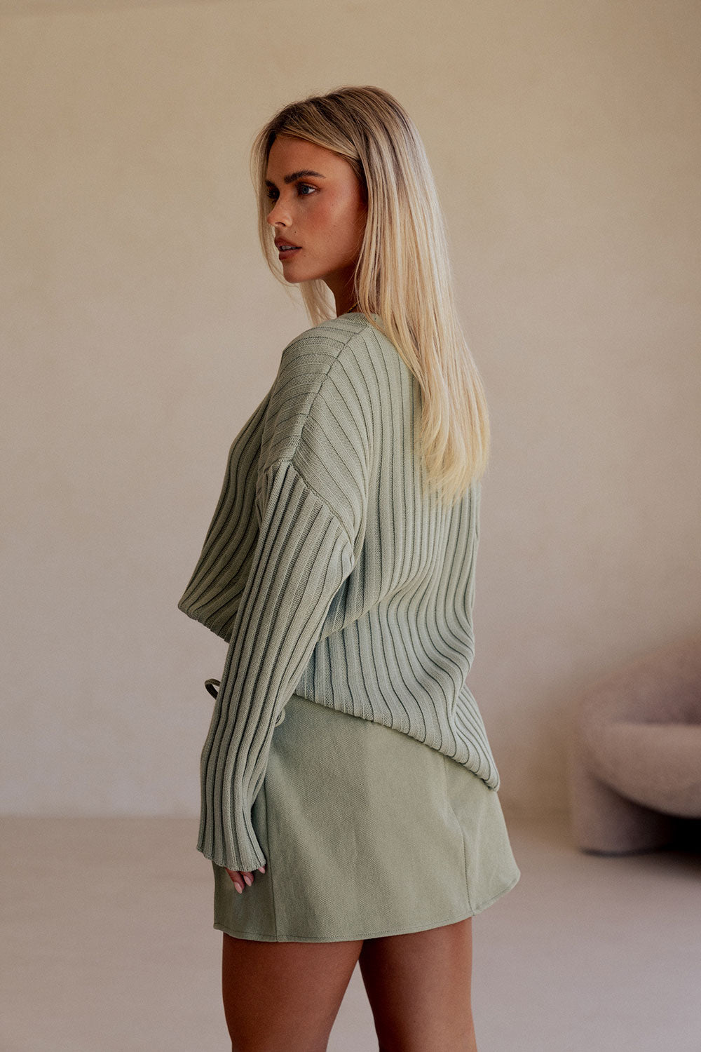 Green Ribbed Knit Sweater Jali Top
