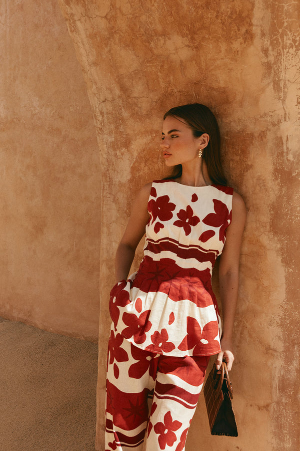 Red Sienna Sunset Print Pleated Del Mar Top
