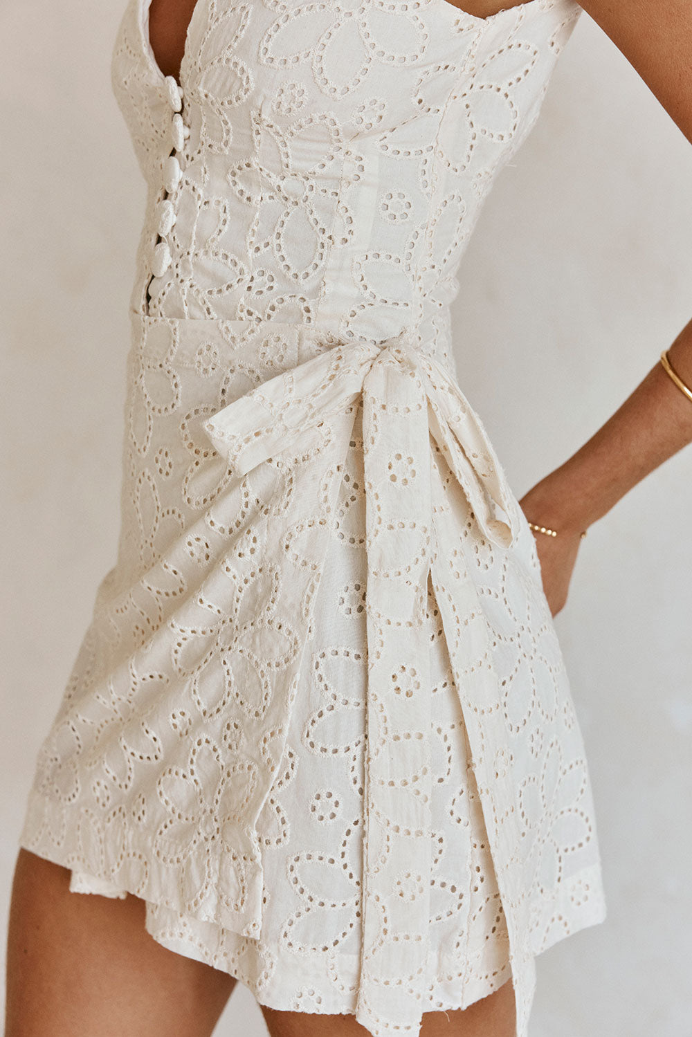 White Broderie V Neck Wrap Mini Gracia Dress