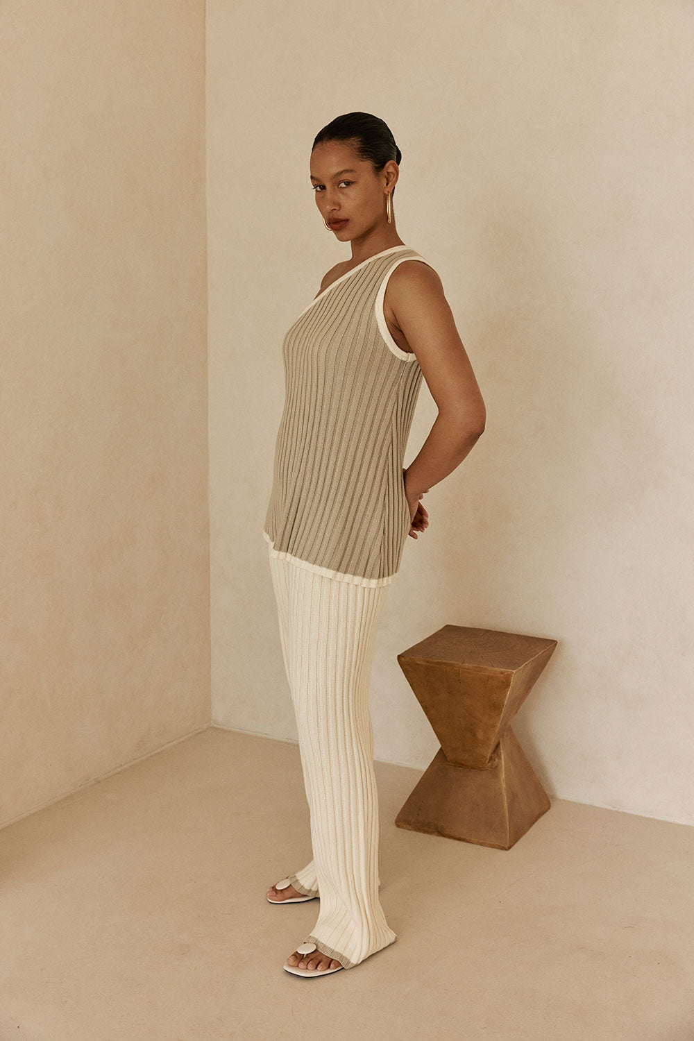 Stone Grey Ribbed Cotton One Shoulder Aylani Top