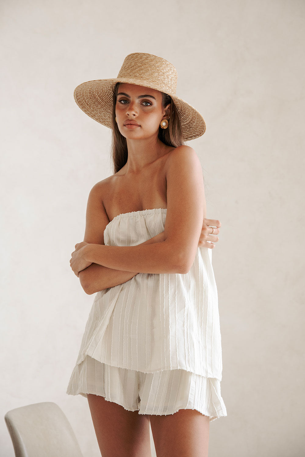 Cream Textured Stripe Strapless Sophie Playsuit