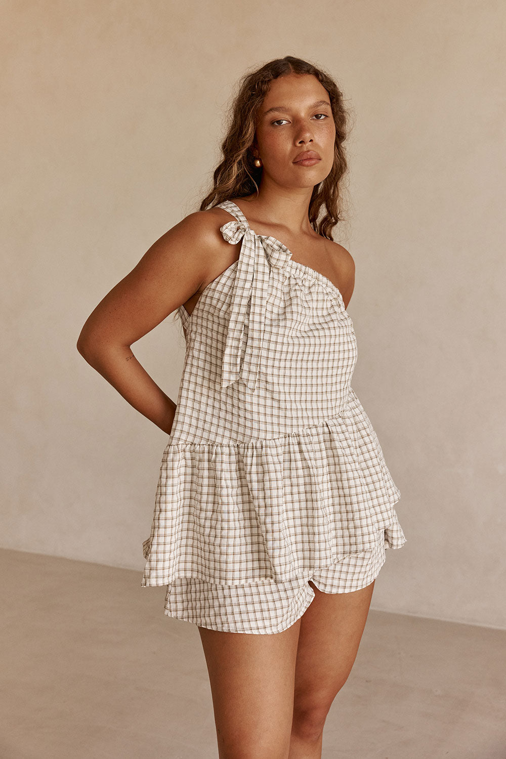 Beige Gingham One Shoulder Backless Charlie Top