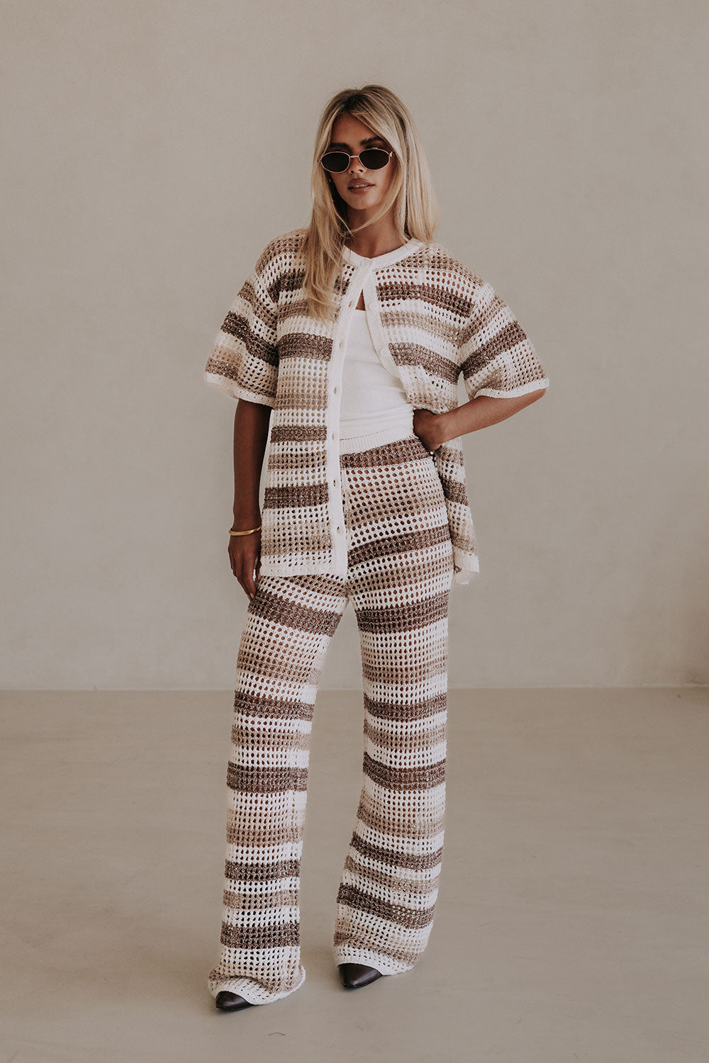 Brown and White Stripe Knit High Waist Bristol Pants