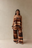Brown Mirage Bloom Print Satin Elastic Drawstring Fabi Pants