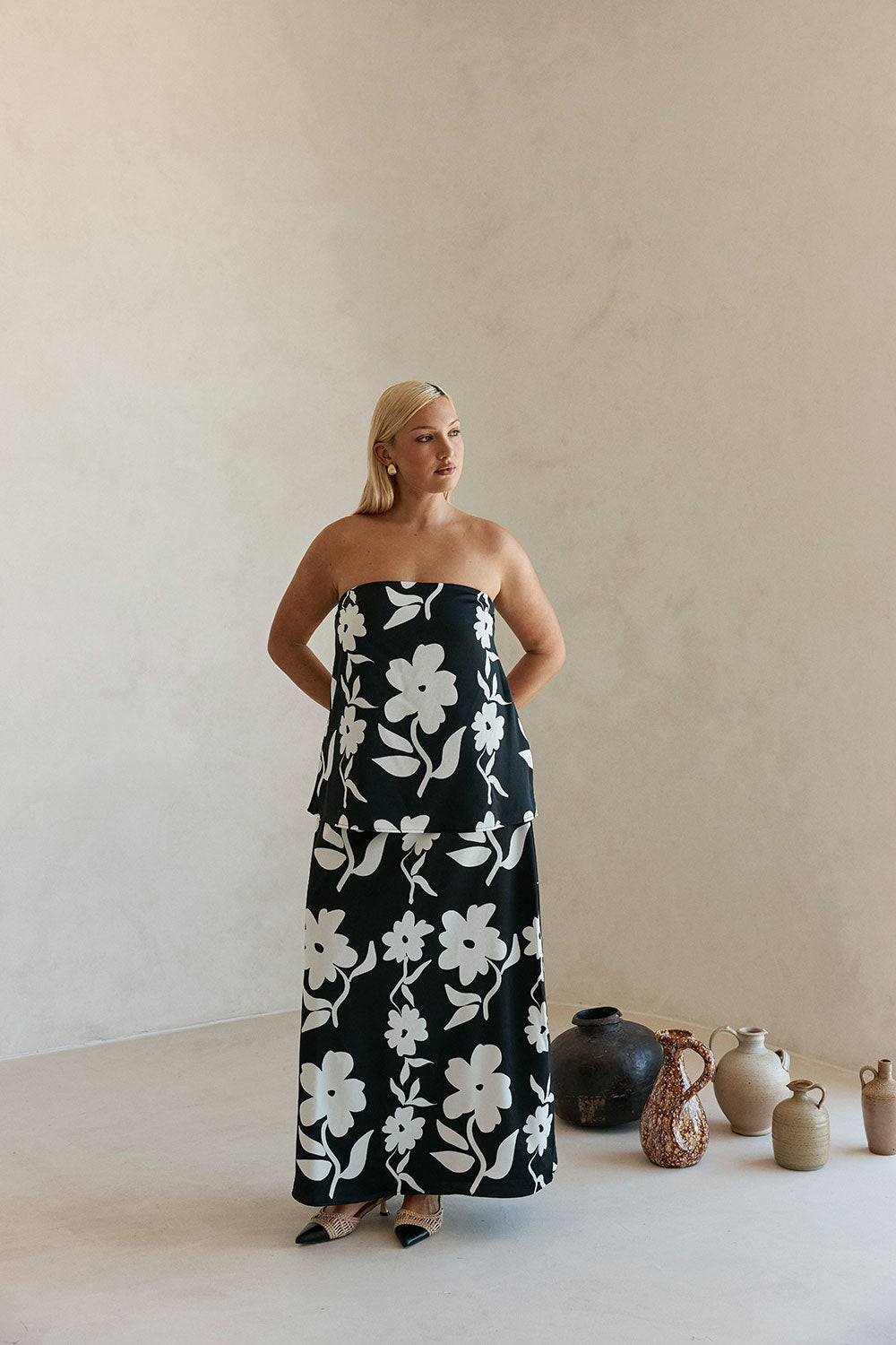 Black Alma Caroline Floral Print Strapless Elora Top