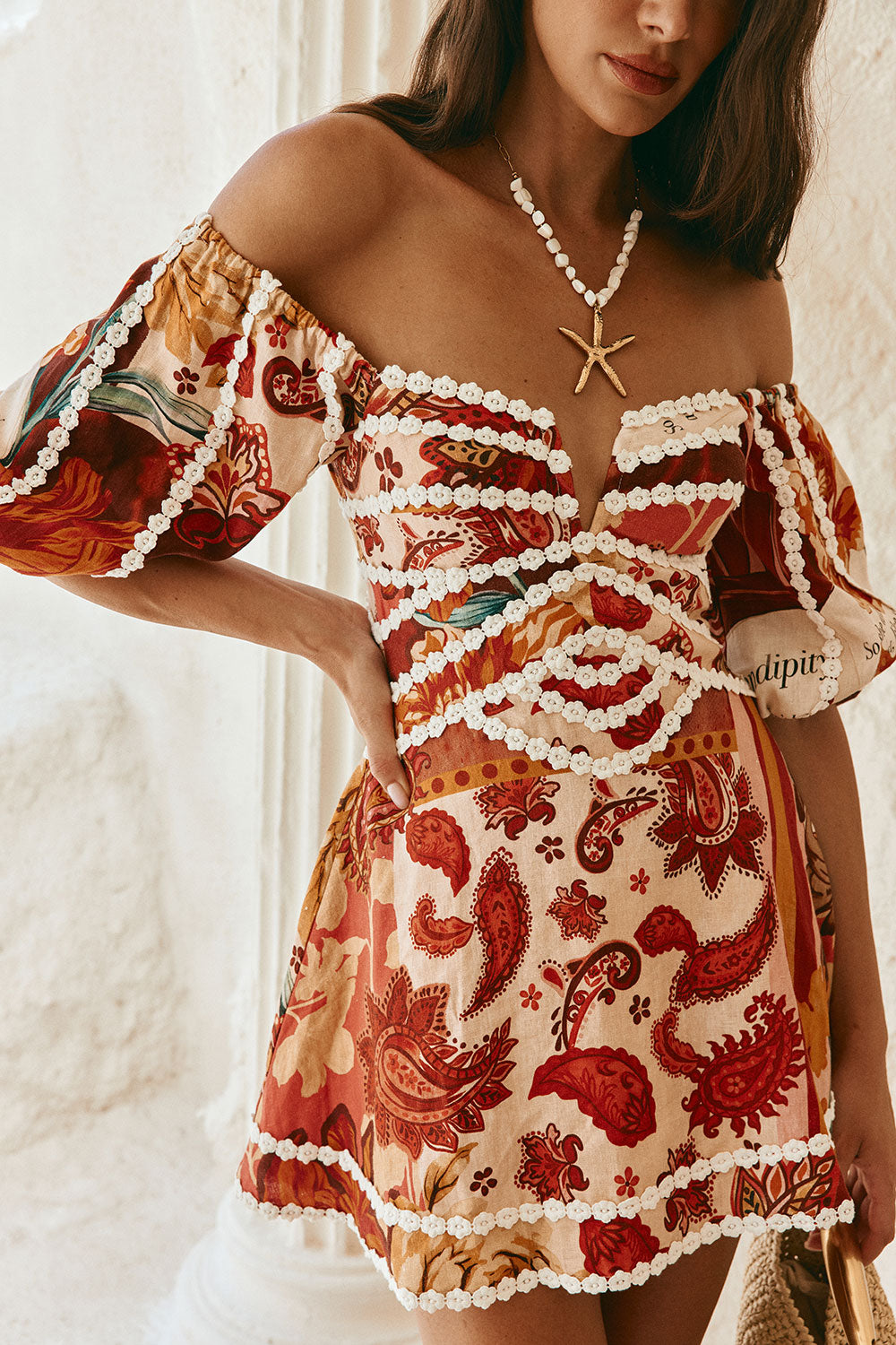 Red Floral Barocca Print Off Shoulder Mini Issa Dress