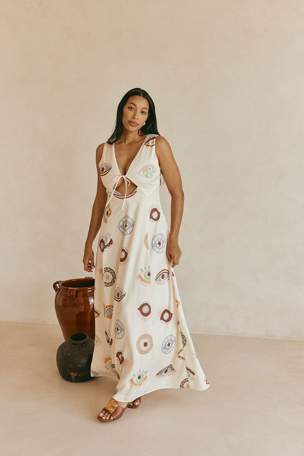 Cream Matia Print V Neck Maxi Serene Dress