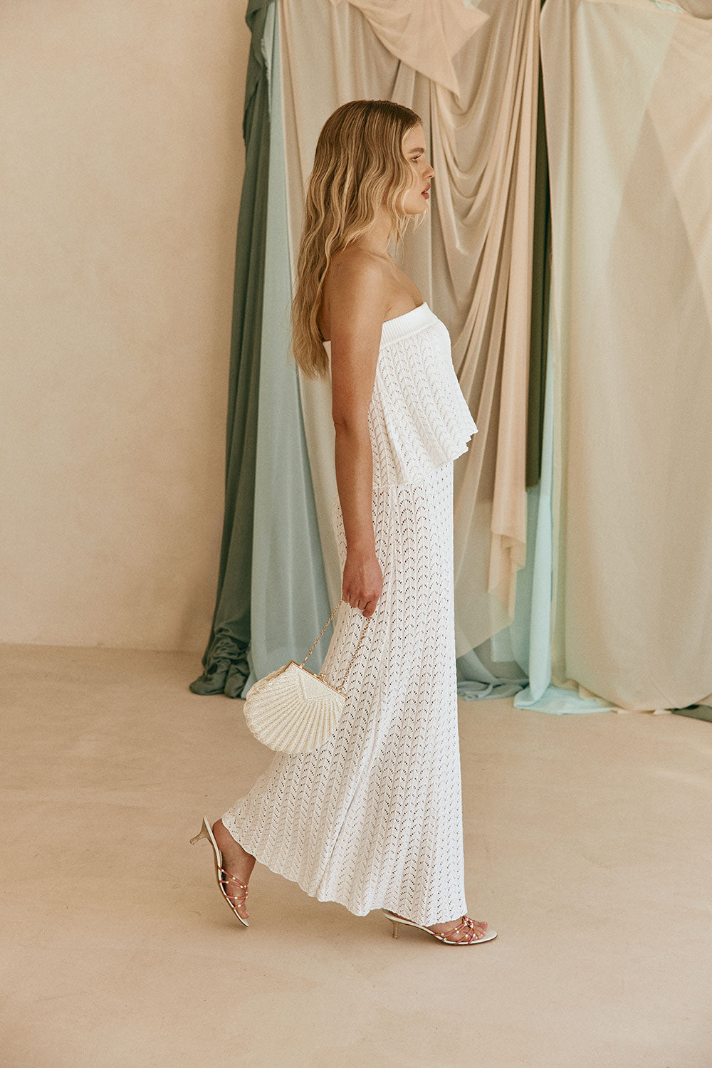 White Vintage Crochet Knit Strapless Maxi Maria Dress