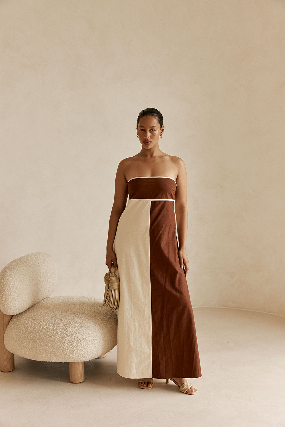 Cream and Brown Strapless Maxi Stormi Dress