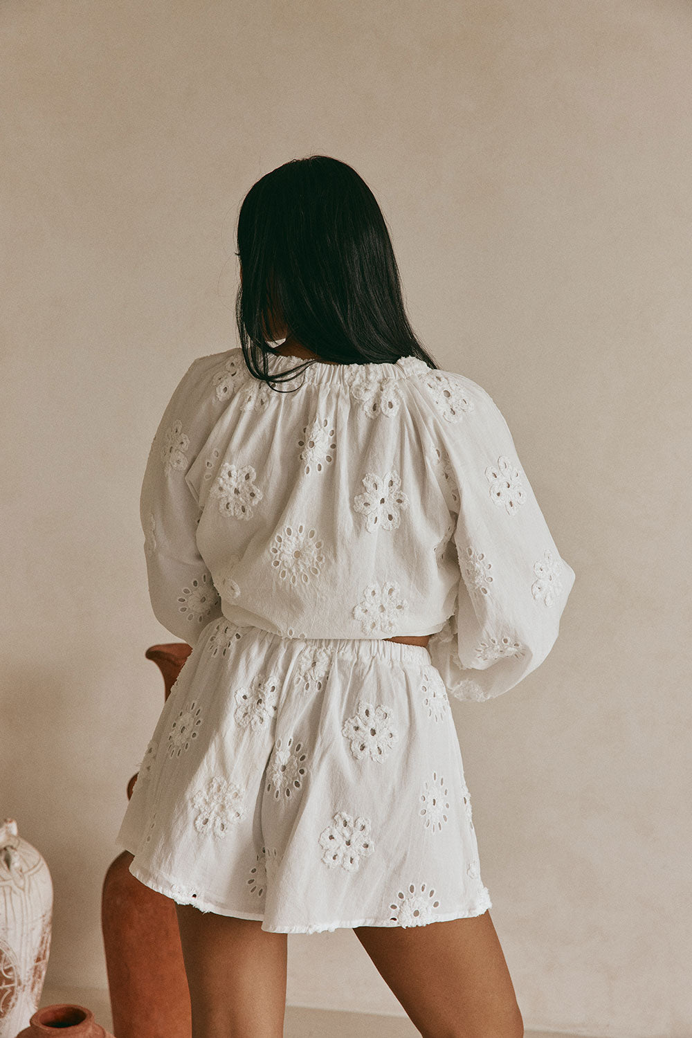 White Broderie Elastic Drawstring Aveline Shorts