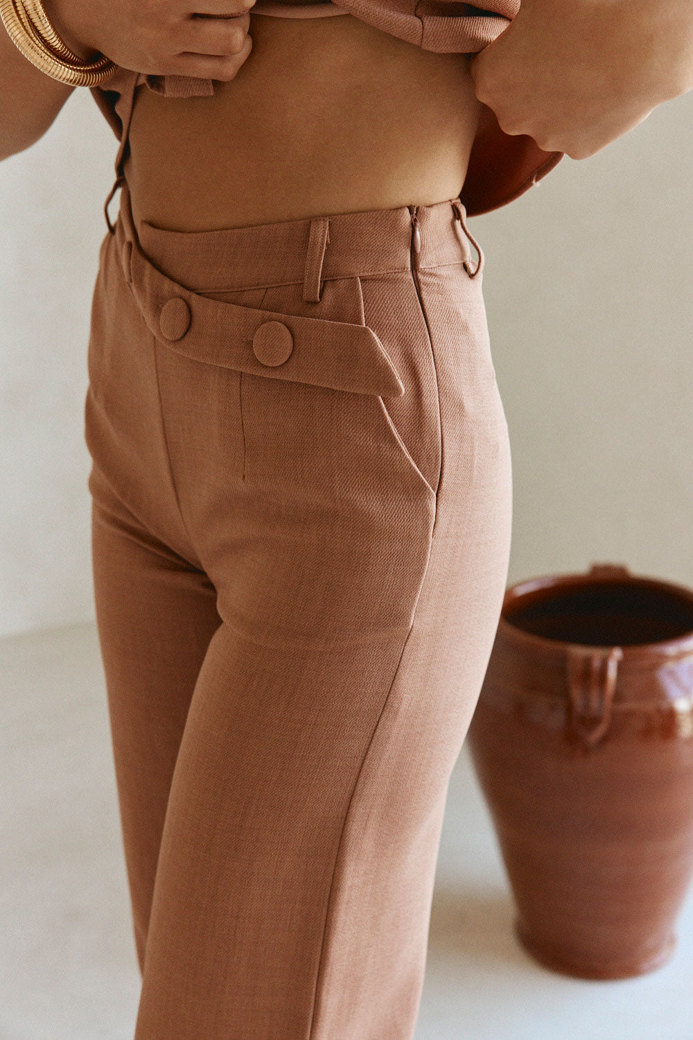 Tan Suiting Button Waist Raven Trouser Pants