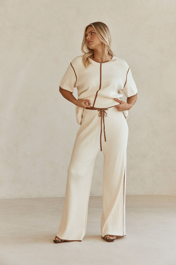 Off White Ribbed Drawstring Cinna Pants