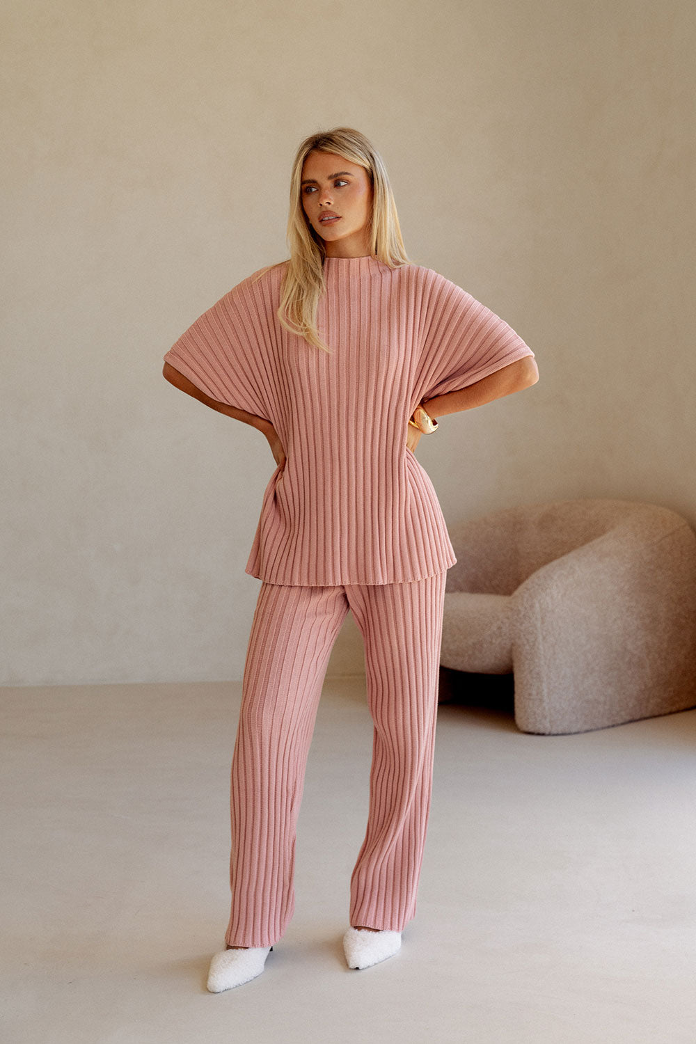 Blush Pink Ribbed Knit Short Sleeve Celine Top