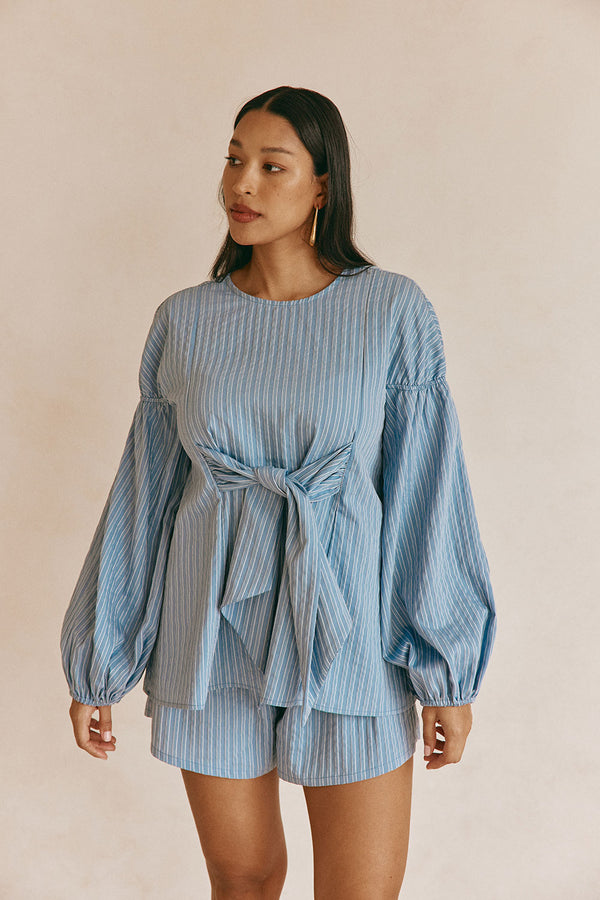 Blue Stripe Waist Tie Hailey Top