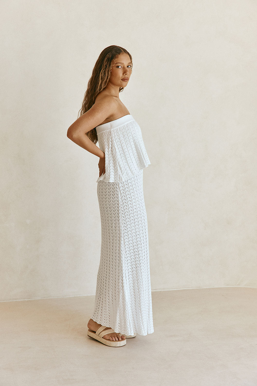 White Vintage Crochet Knit Strapless Maxi Maria Dress