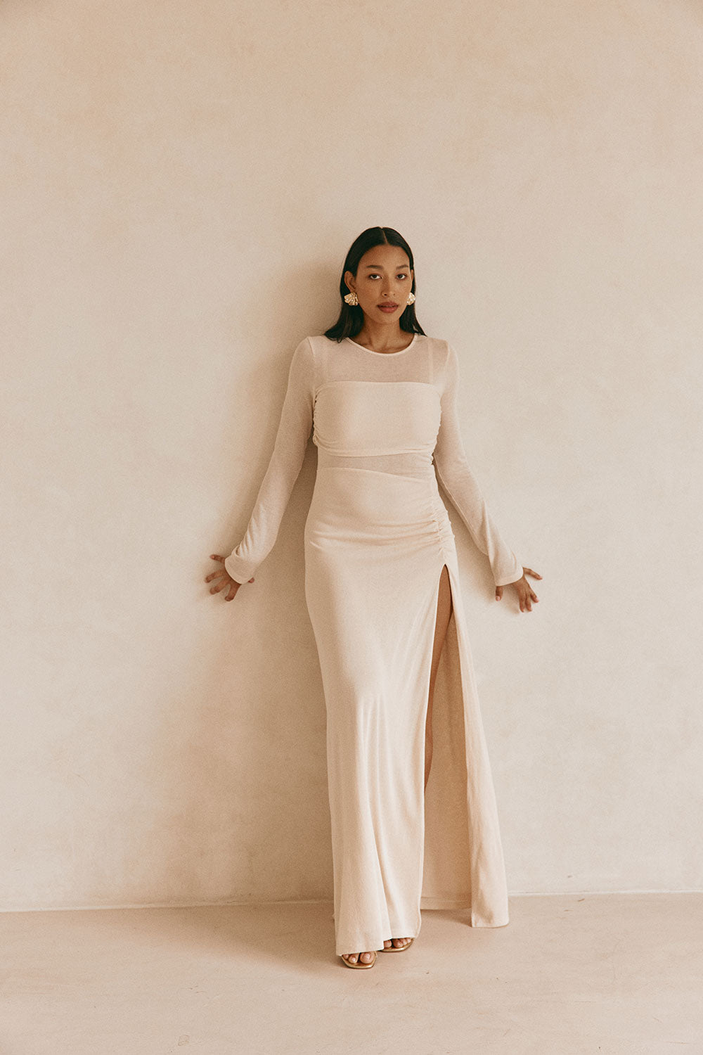 Beige Long Sleeve Slit Maxi Kay Dress 