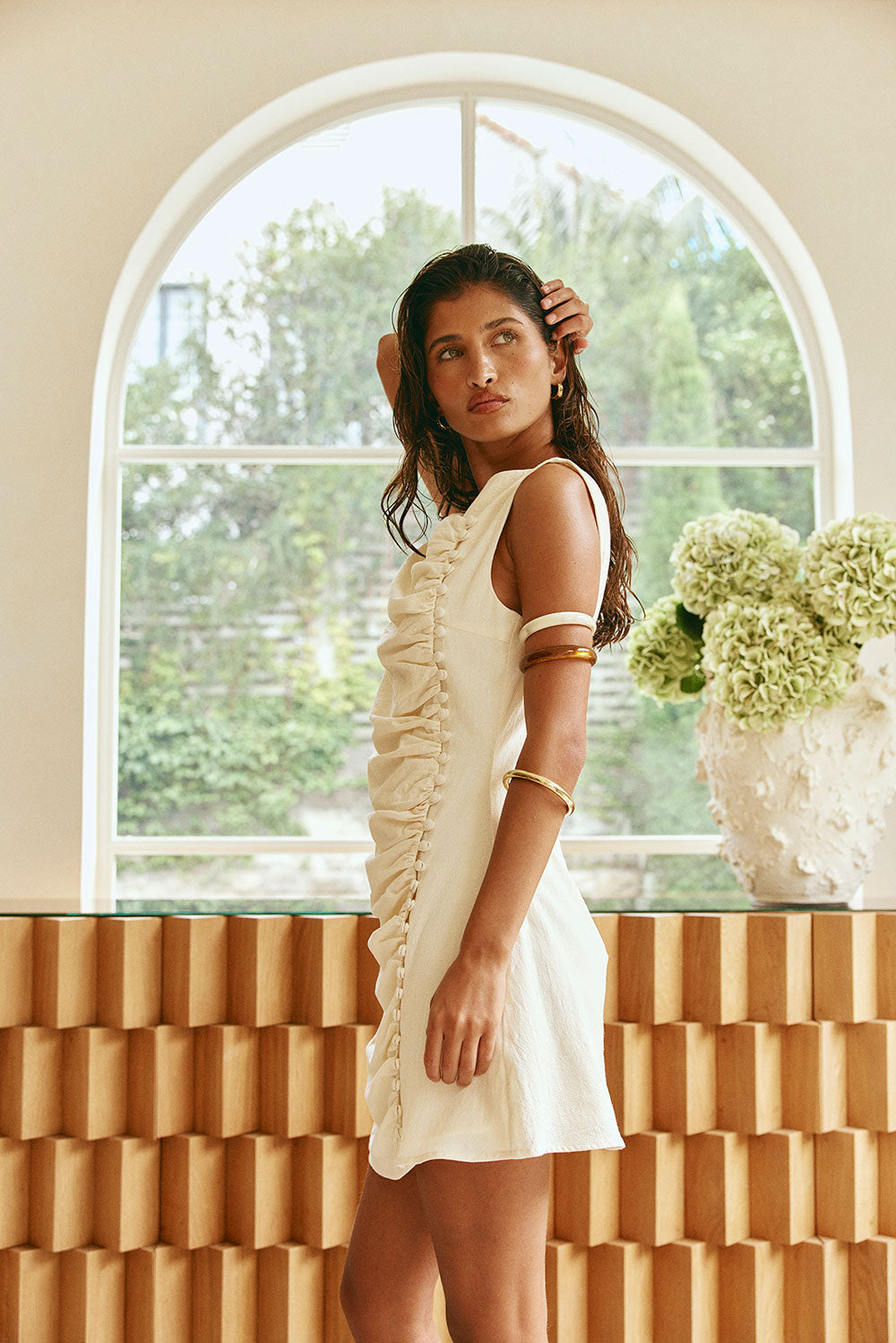 Cream Ruched Button Mini Alchemy Dress