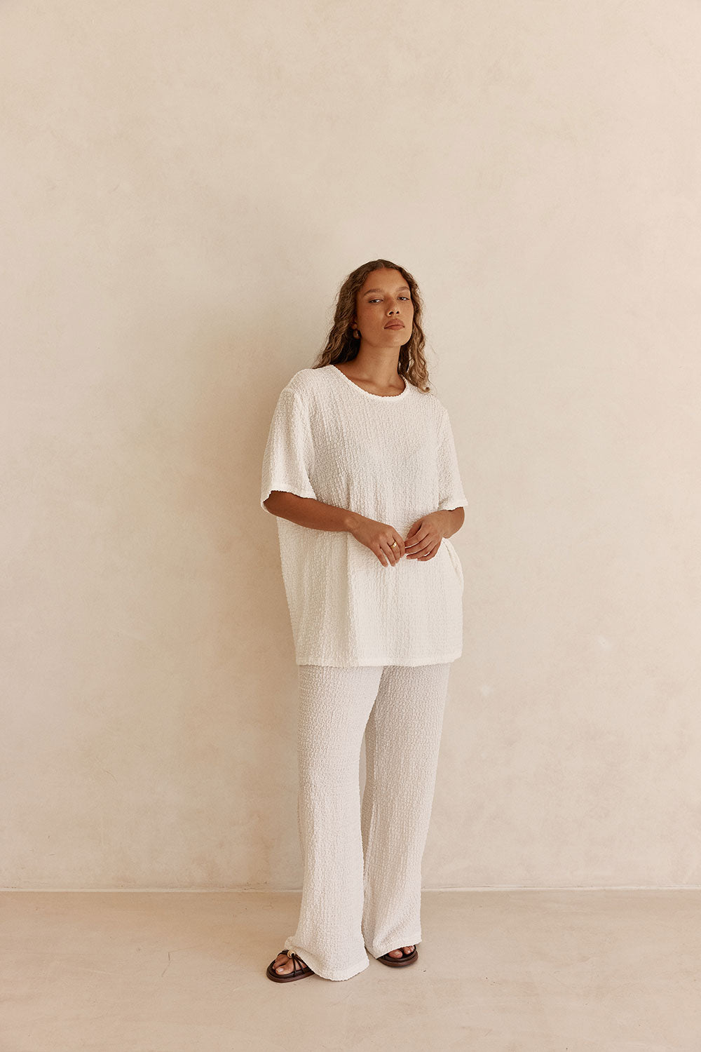 White Textured Boxy Adora T Shirt Top