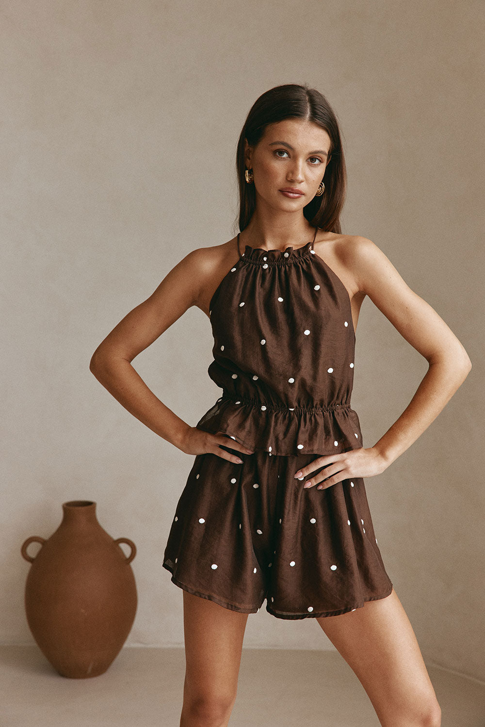 Chocolate Speck Polka Dot Halter Backless Adira Playsuit