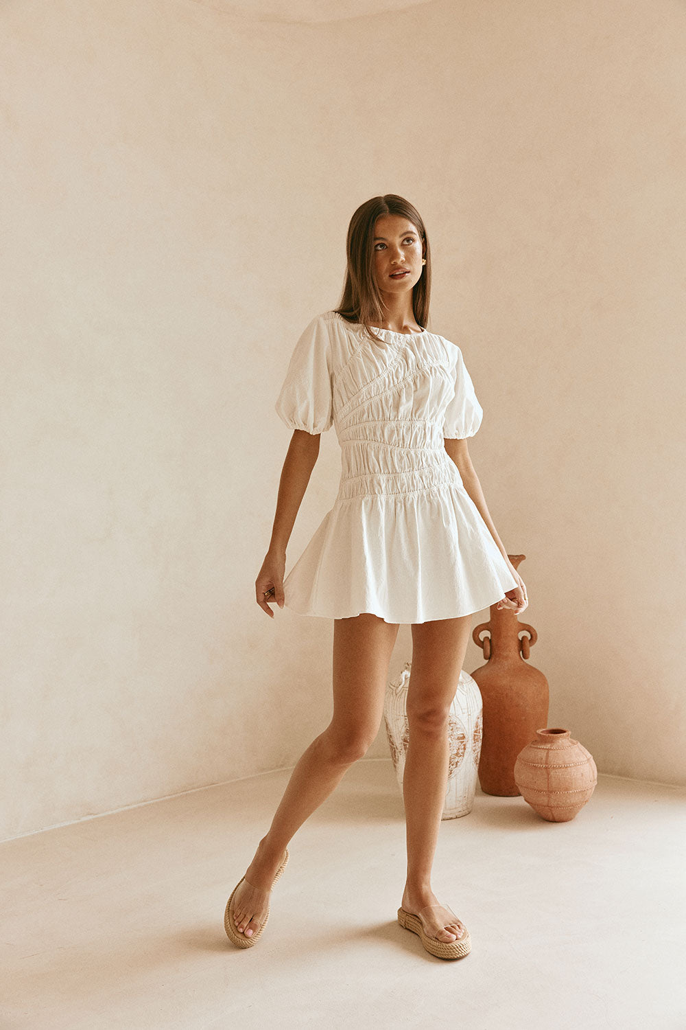 White Cotton Ruched Mini Lou Dress
