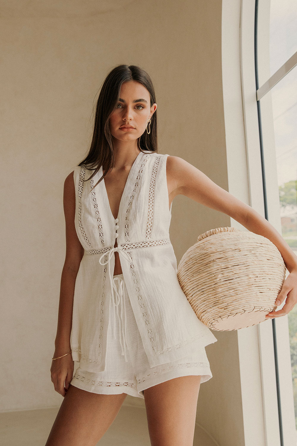 White Cotton Lace V Neck Split Cerelia Top