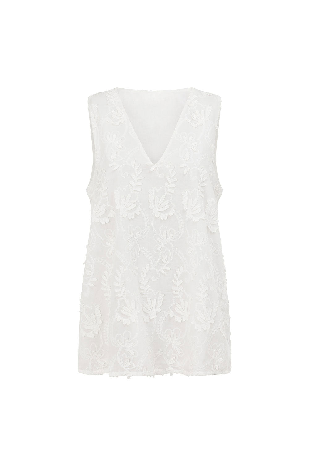 White Leafy Motif V Neck Cambria Top