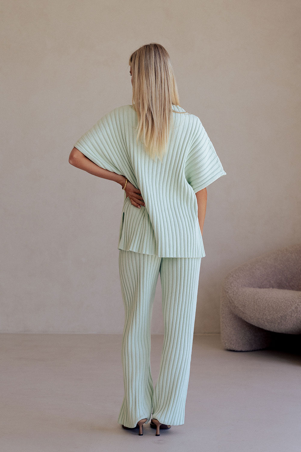 Mint Green Ribbed Knit Short Sleeve Celine Top