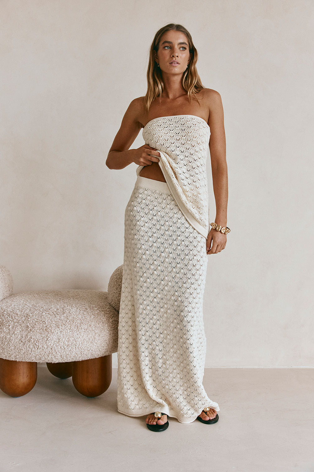 Cream Crochet Knit Elastic A Line Maxi Ophelia Skirt