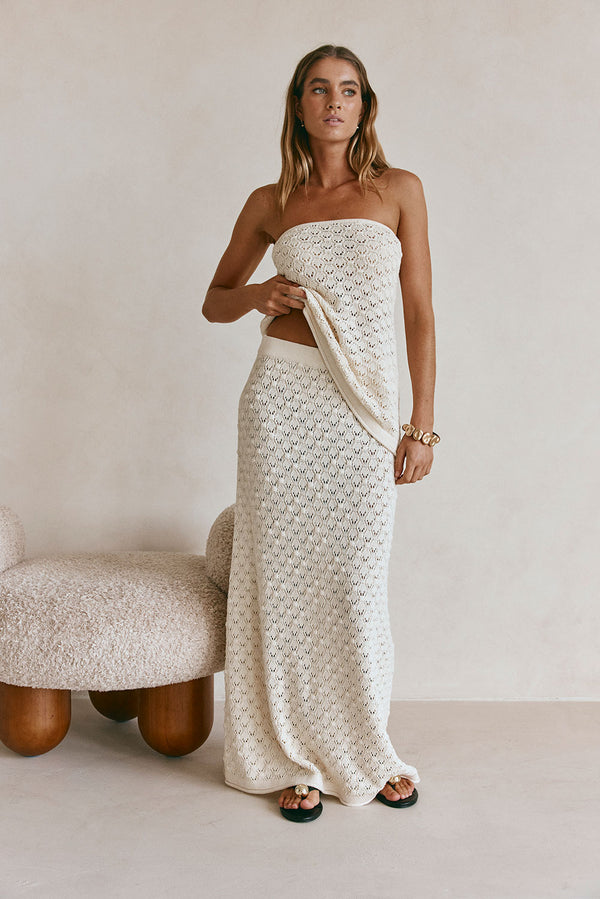 Cream Crochet Knit Elastic A Line Maxi Ophelia Skirt