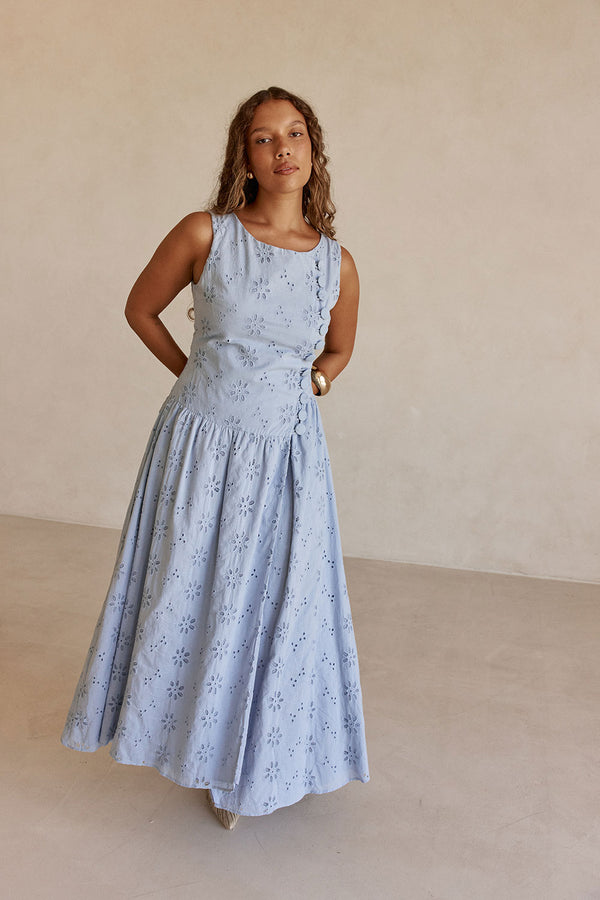 Blue Broderie Button Maxi Odessa Dress