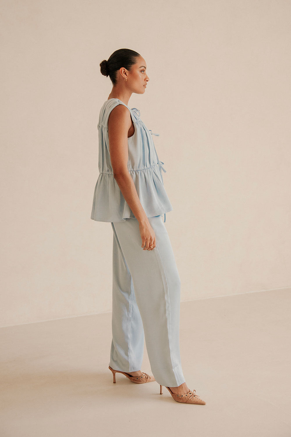 Blue Ruched Panelled Front Tie Juliette Top