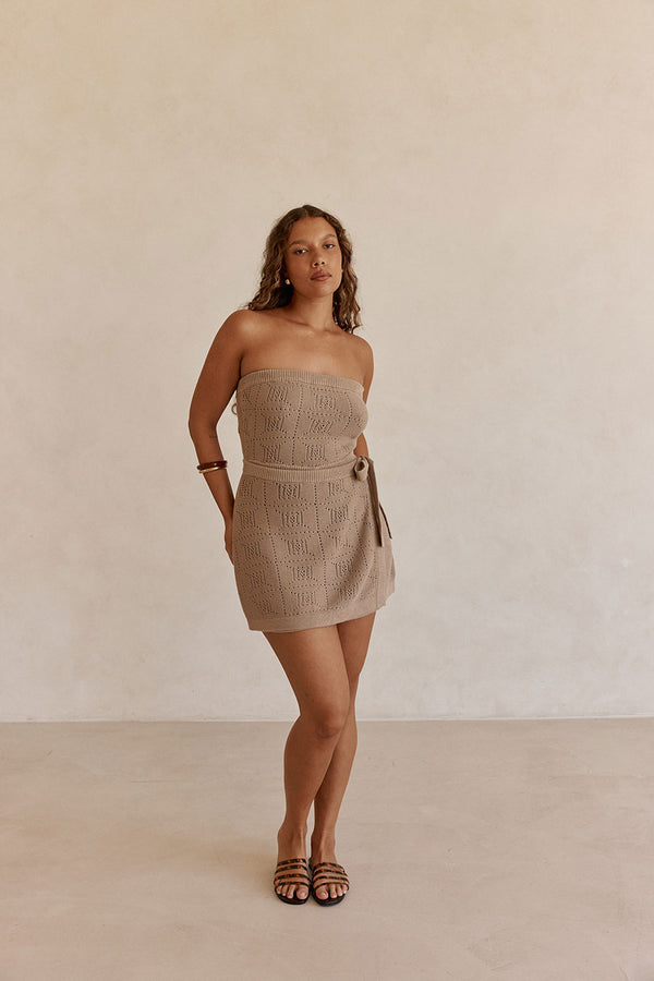 Brown Knit Strapless Mini Beret Dress