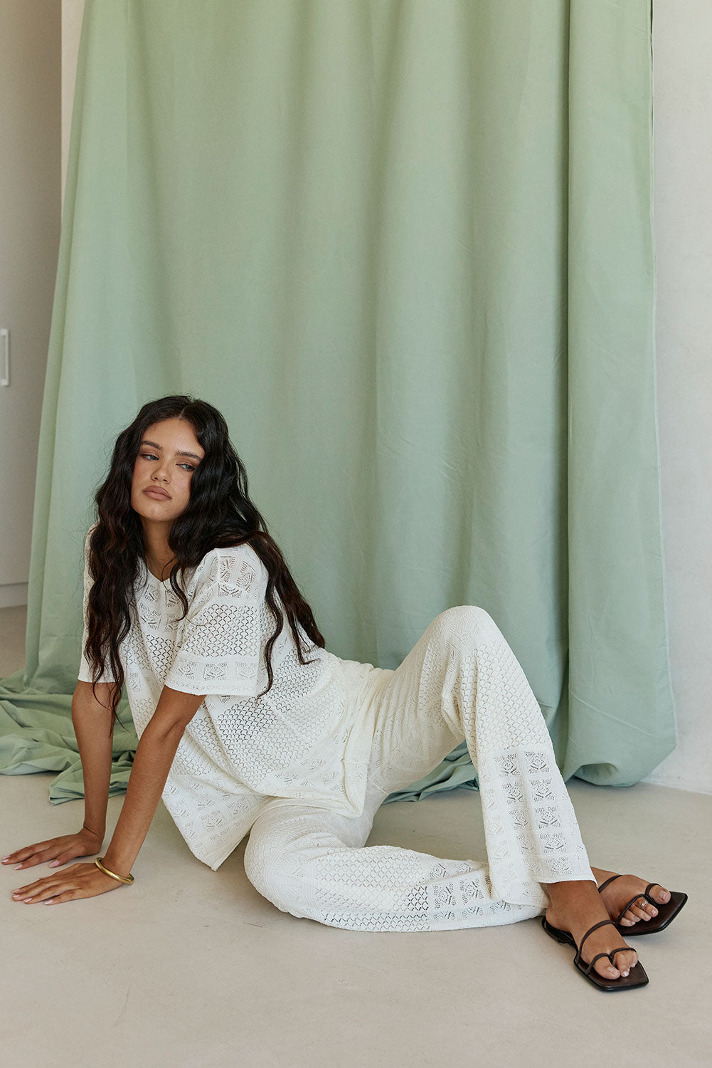 Cream Crochet Elastic High Waist Nixie Pants