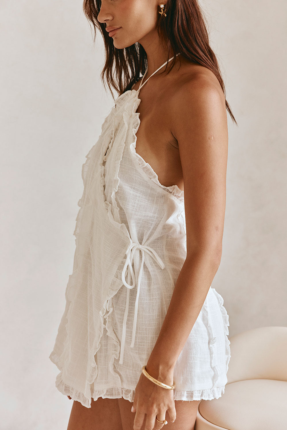 Kharli Halterneck Frill Mini Backless Wrap Dress - White