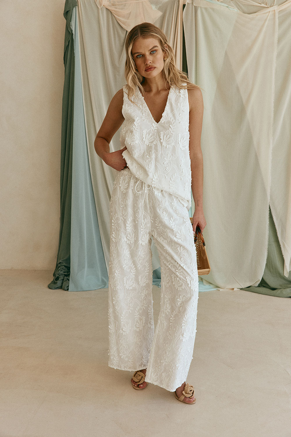 White Leafy Motif High Waist Cambria Pants
